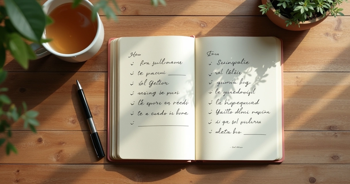 Caderno aberto com lista simples e xícara de chá 