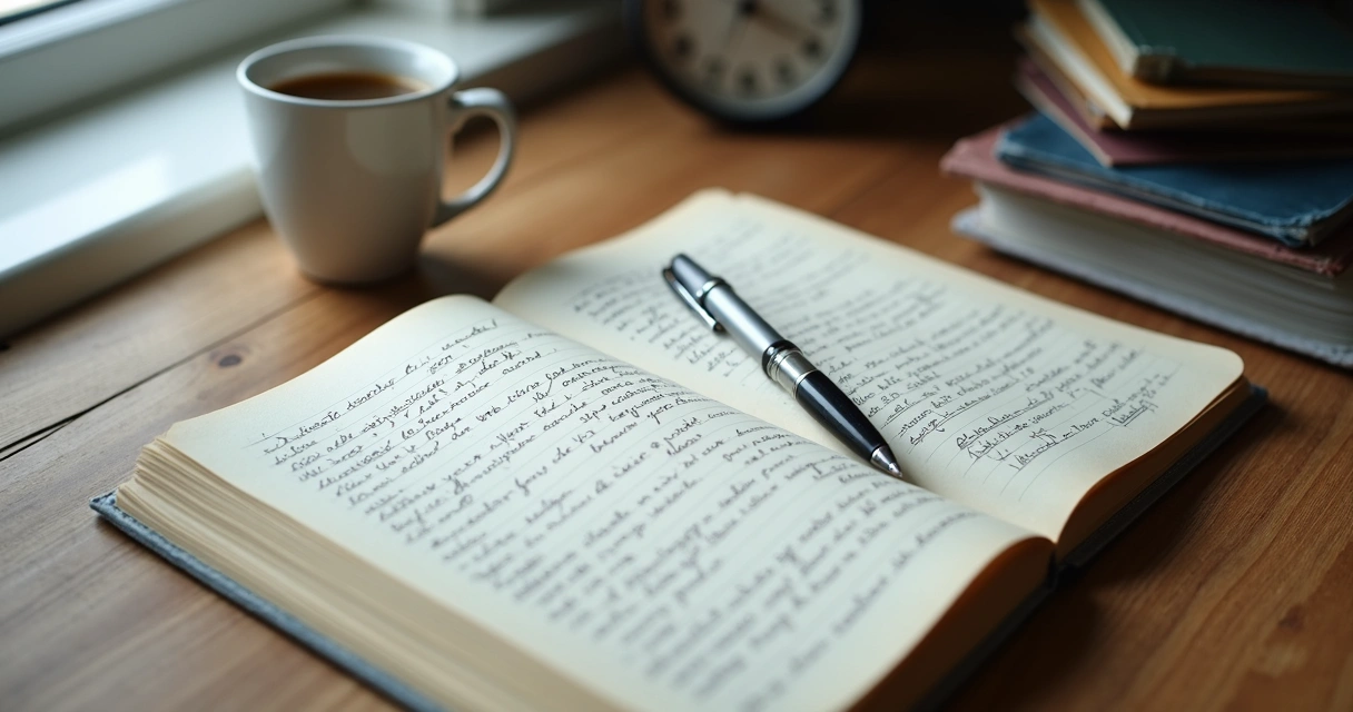 Caderno aberto com anotações riscadas e xícara ao lado