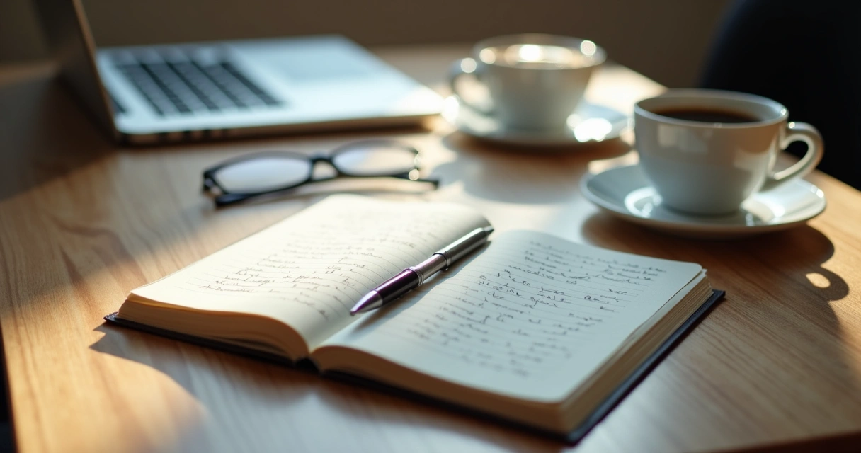 Caderno aberto com anotações ao lado de computador em mesa de trabalho