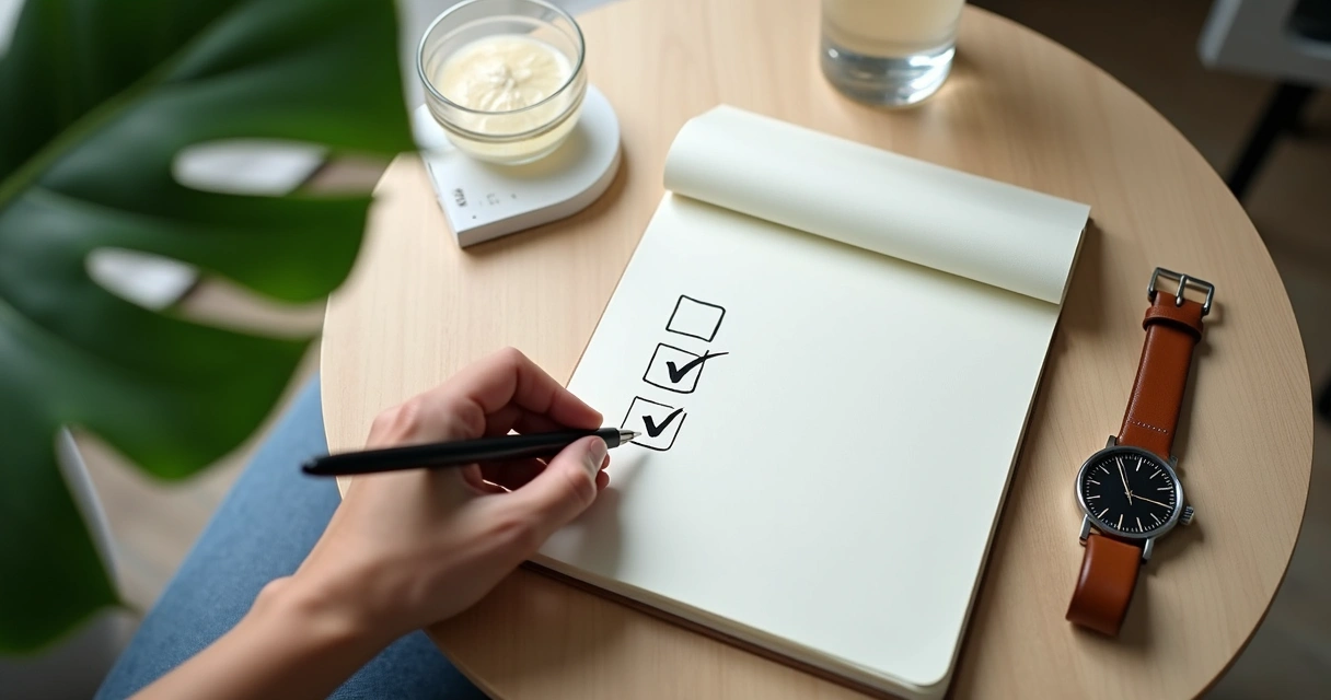 Pessoa escrevendo uma lista curta em caderno aberto sobre mesa simples 