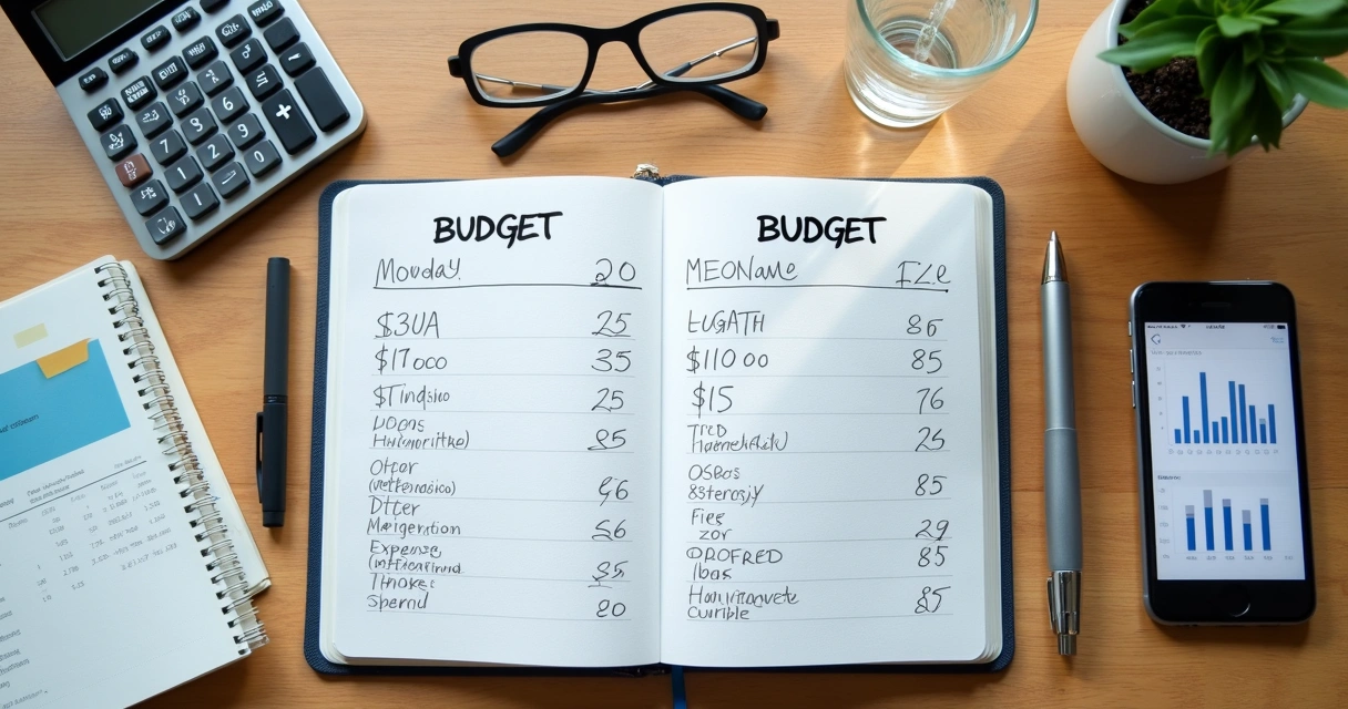Caderno com anotações financeiras e calculadora na mesa
