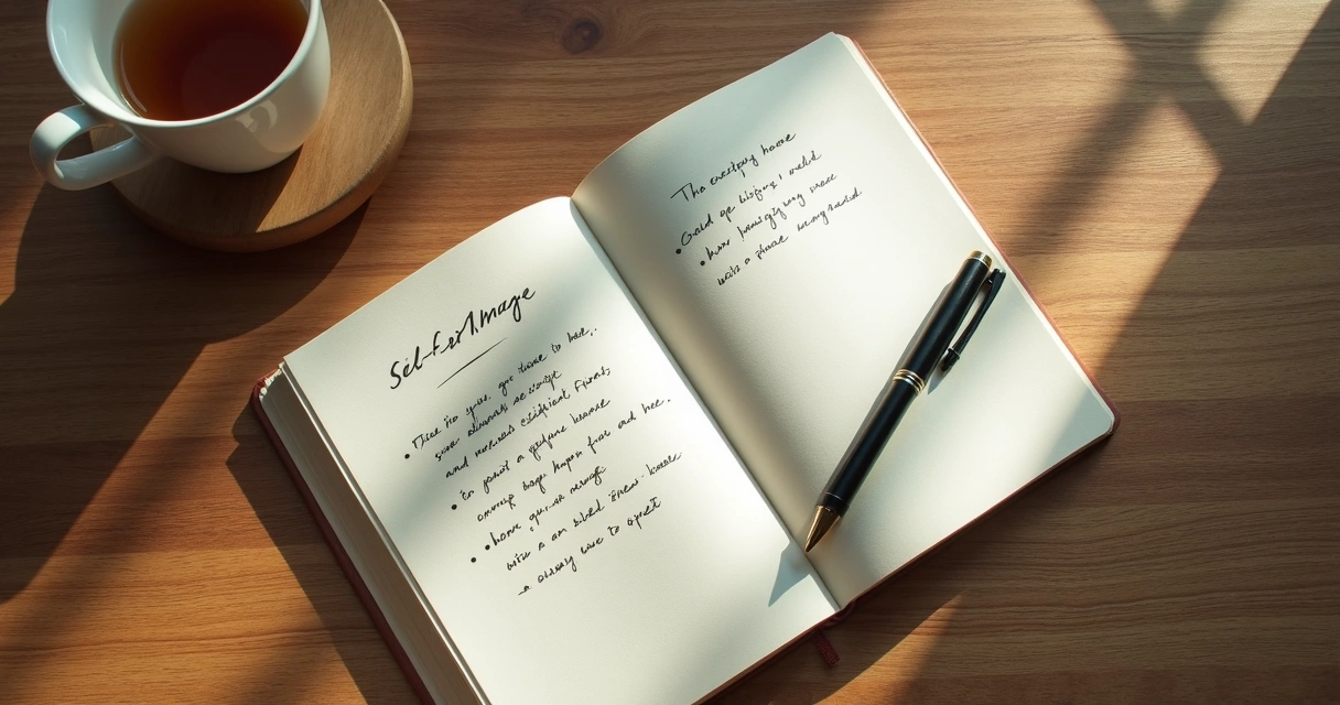 Caderno aberto com reflexões pessoais e xícara ao lado