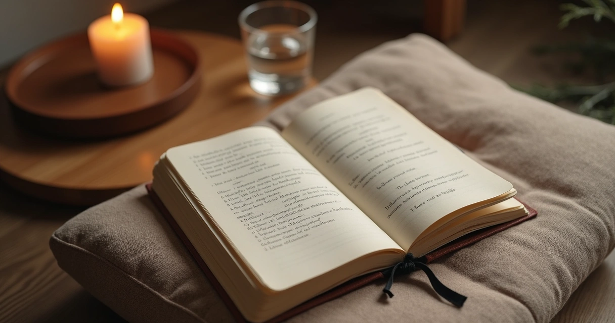 Caderno aberto com perguntas de reflexão ao lado de vela e almofada de meditação 