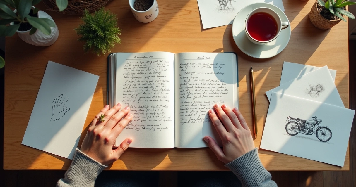 Caderno aberto com anotações e mãos em pausa sobre a mesa