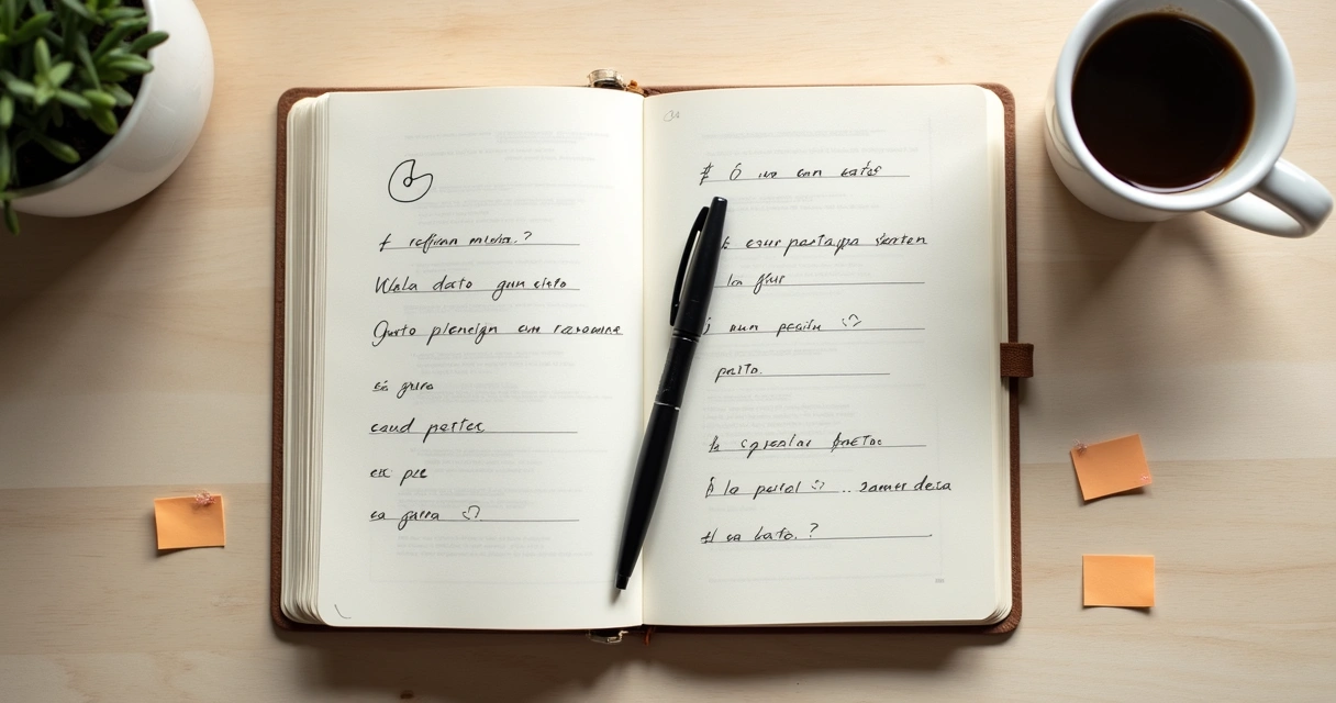 Caderno aberto com perguntas de reflexão e caneta sobre mesa clara 