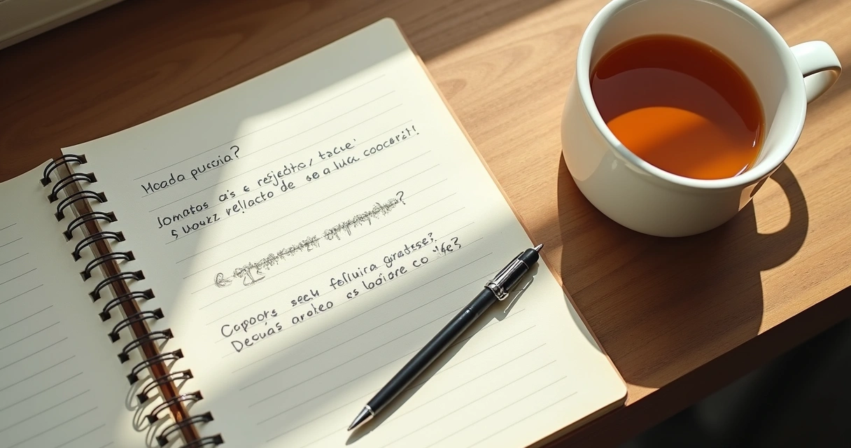 Caderno aberto com perguntas de reflexão e xícara ao lado