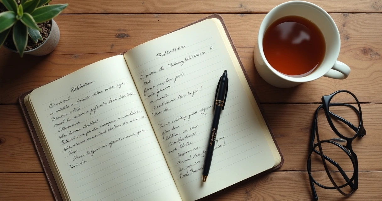 Caderno aberto com anotações e xícara de chá