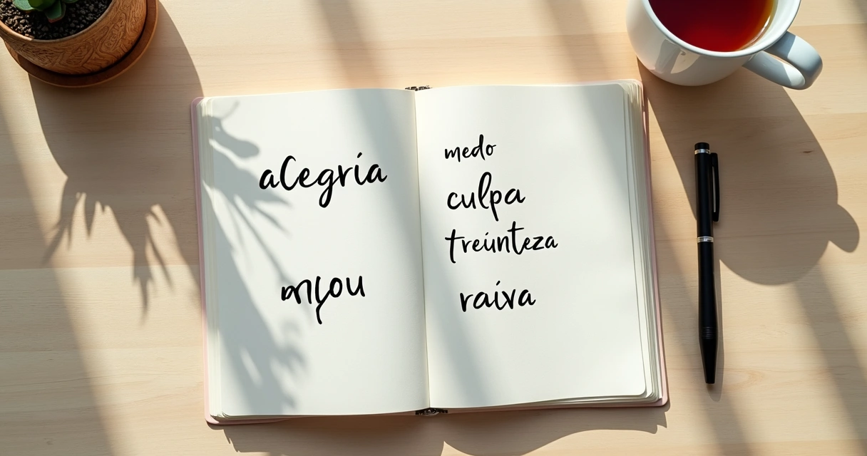 Caderno aberto com palavras emocionais e caneta sobre mesa clara