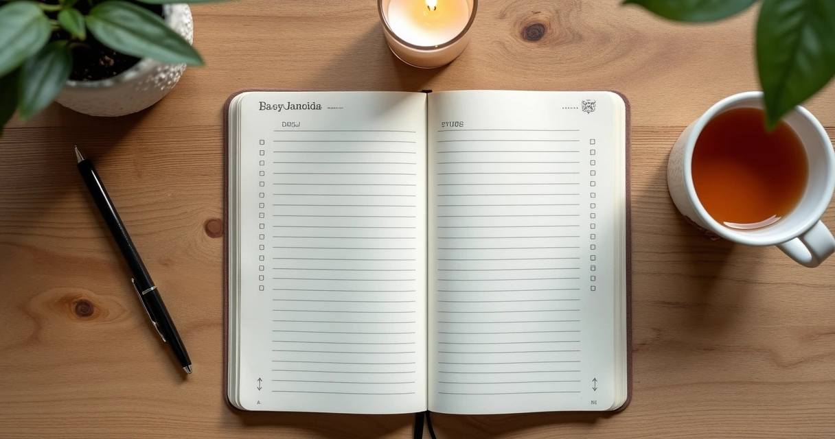 Caderno aberto com rotina diária e xícara ao lado sobre mesa de madeira 