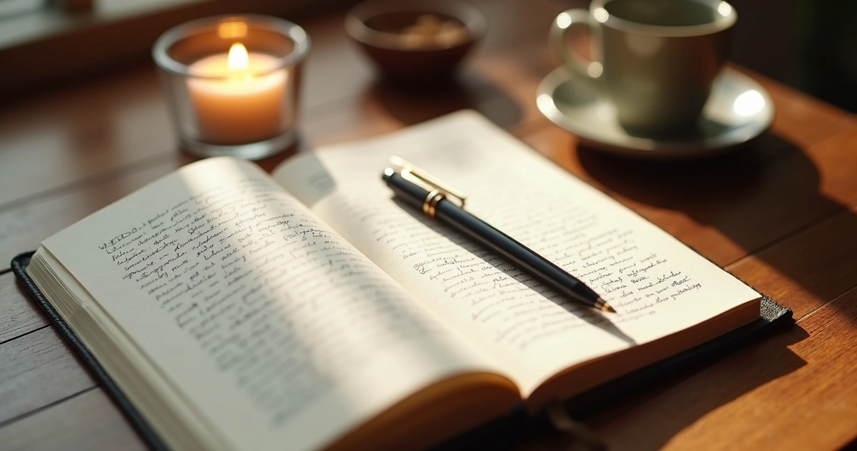 Caderno aberto com anotações de meditação ao lado de vela e xícara 