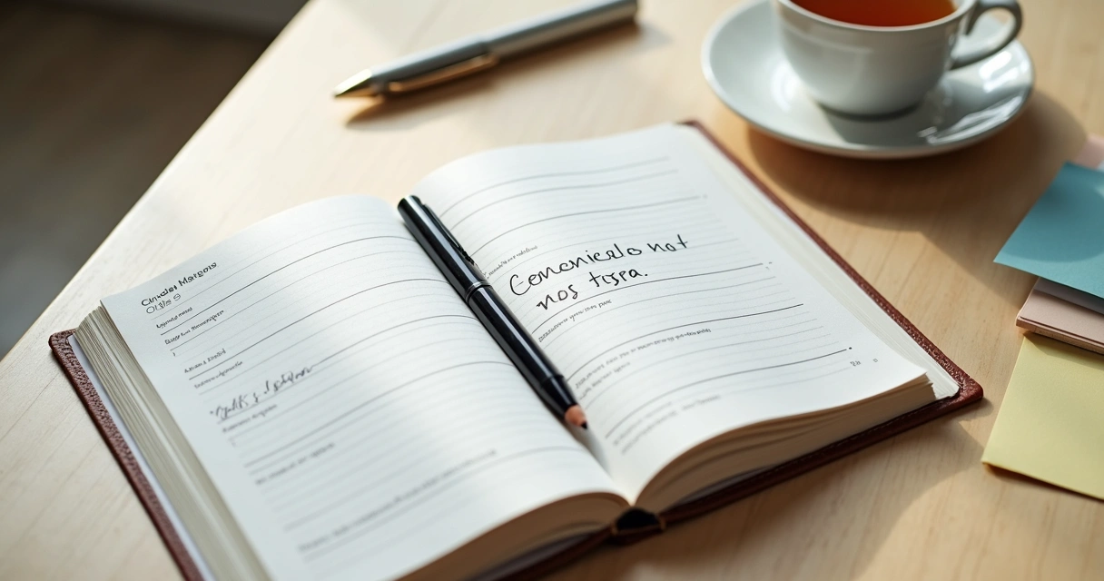 Caderno aberto com metas escritas e caneta sobre mesa clara 
