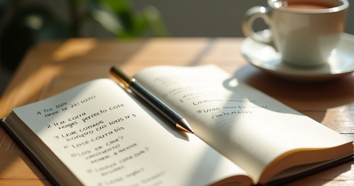 Caderno aberto com perguntas de reflexão e xícara ao lado 