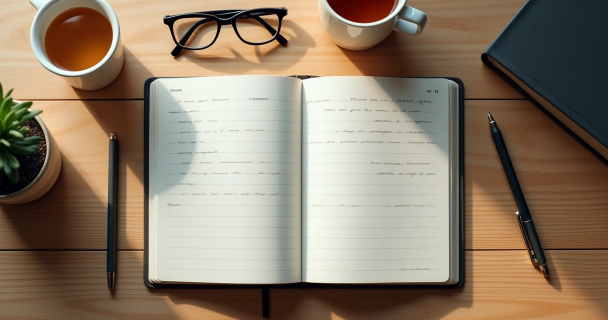 Caderno aberto com anotações de reflexão e xícara ao lado
