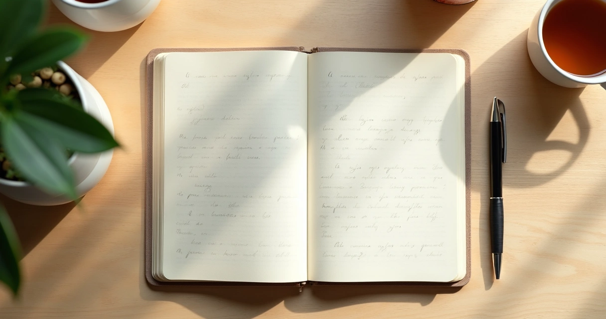 Caderno aberto com anotações de reflexão e xícara sobre mesa clara