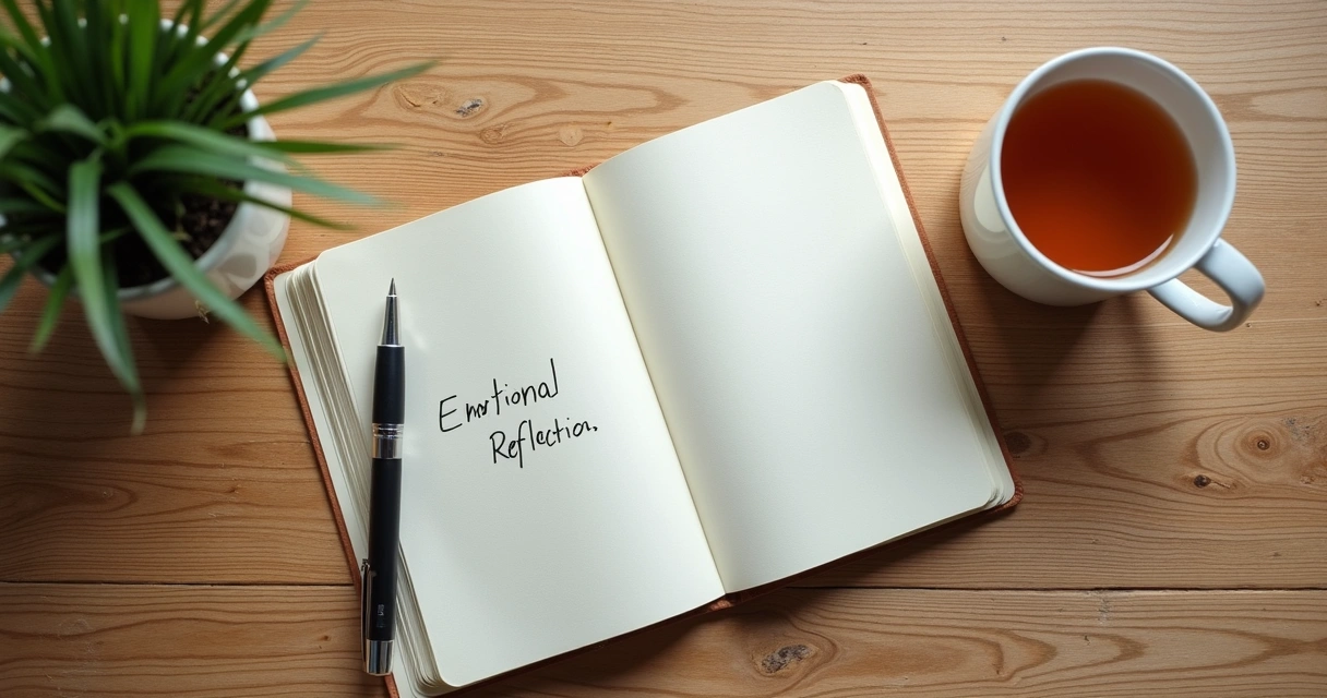 Caderno aberto com anotações emocionais e xícara de chá 