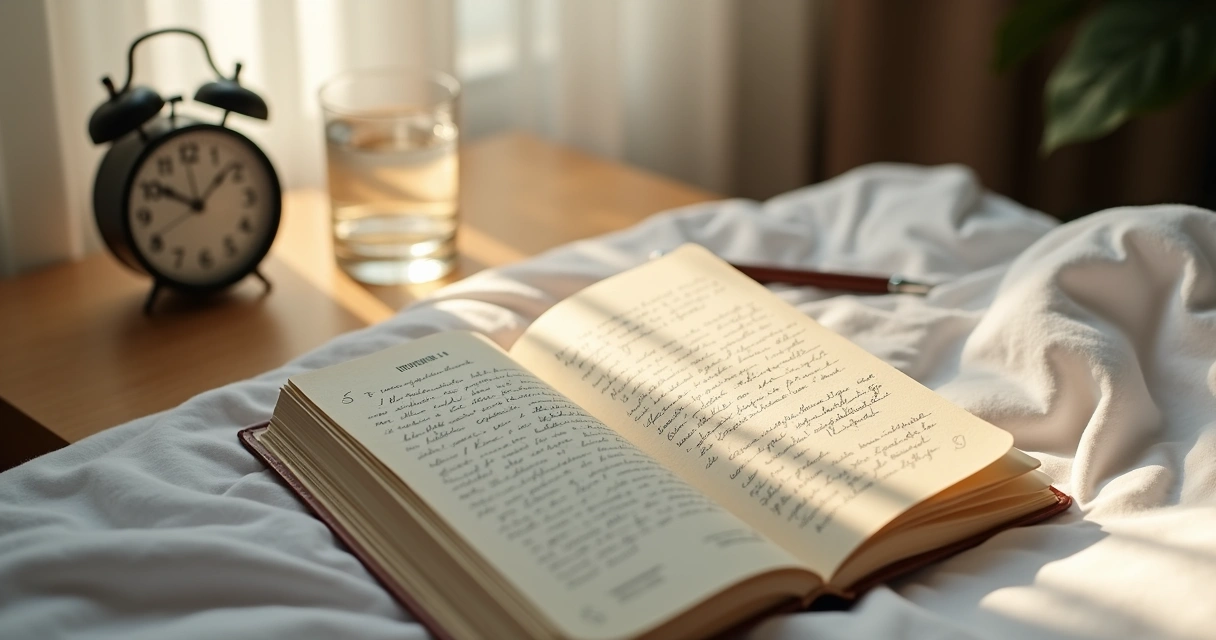 Caderno aberto com anotações de sonhos ao lado da cama 