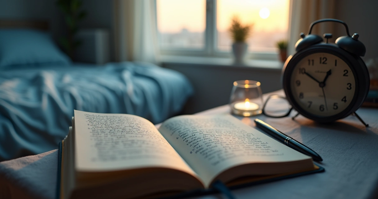 Caderno aberto com anotações de sonhos ao lado da cama 