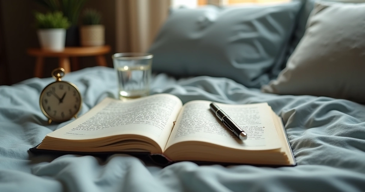 Caderno aberto com anotações de sonhos ao lado da cama