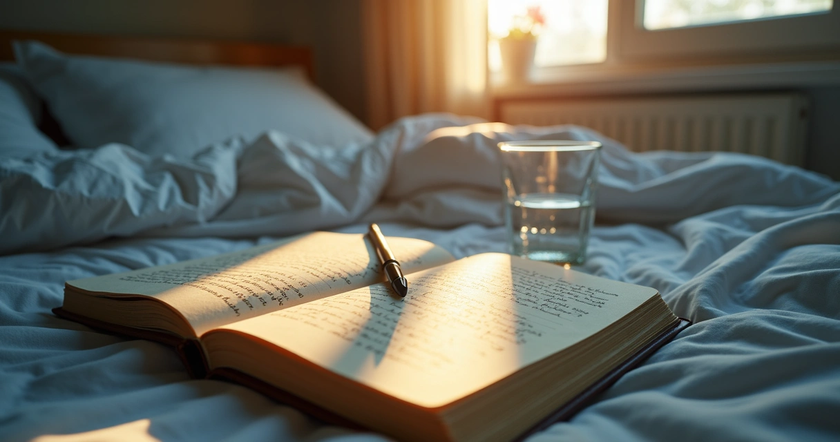 Caderno aberto com anotações de sonhos ao lado da cama 