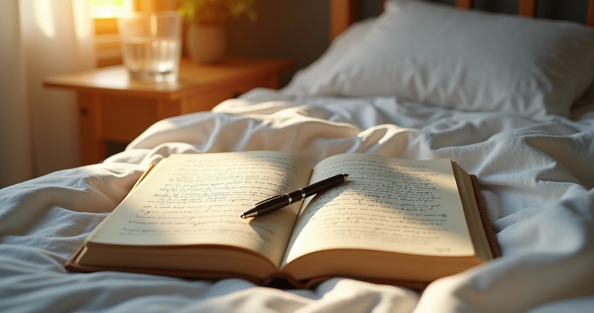 Caderno aberto com anotações de sonhos ao lado da cama