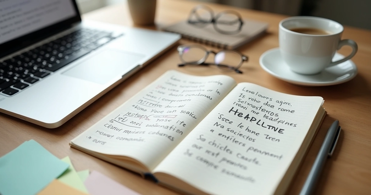 Caderno com rascunhos de títulos ao lado de notebook 
