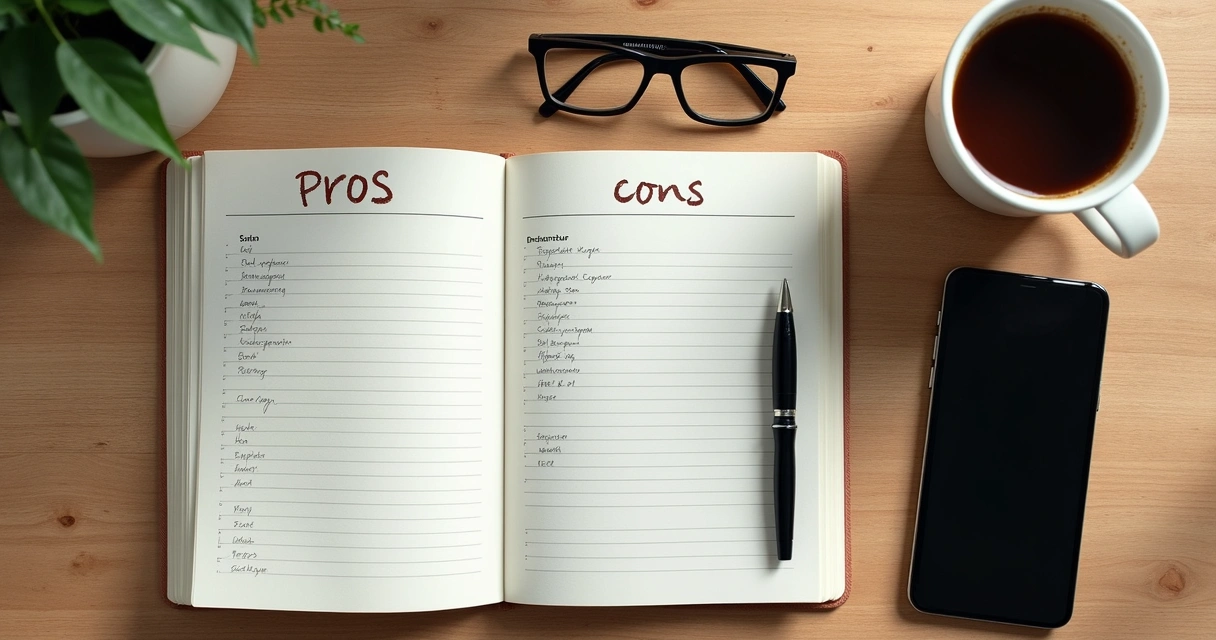 Caderno com lista de decisões sobre mesa com café