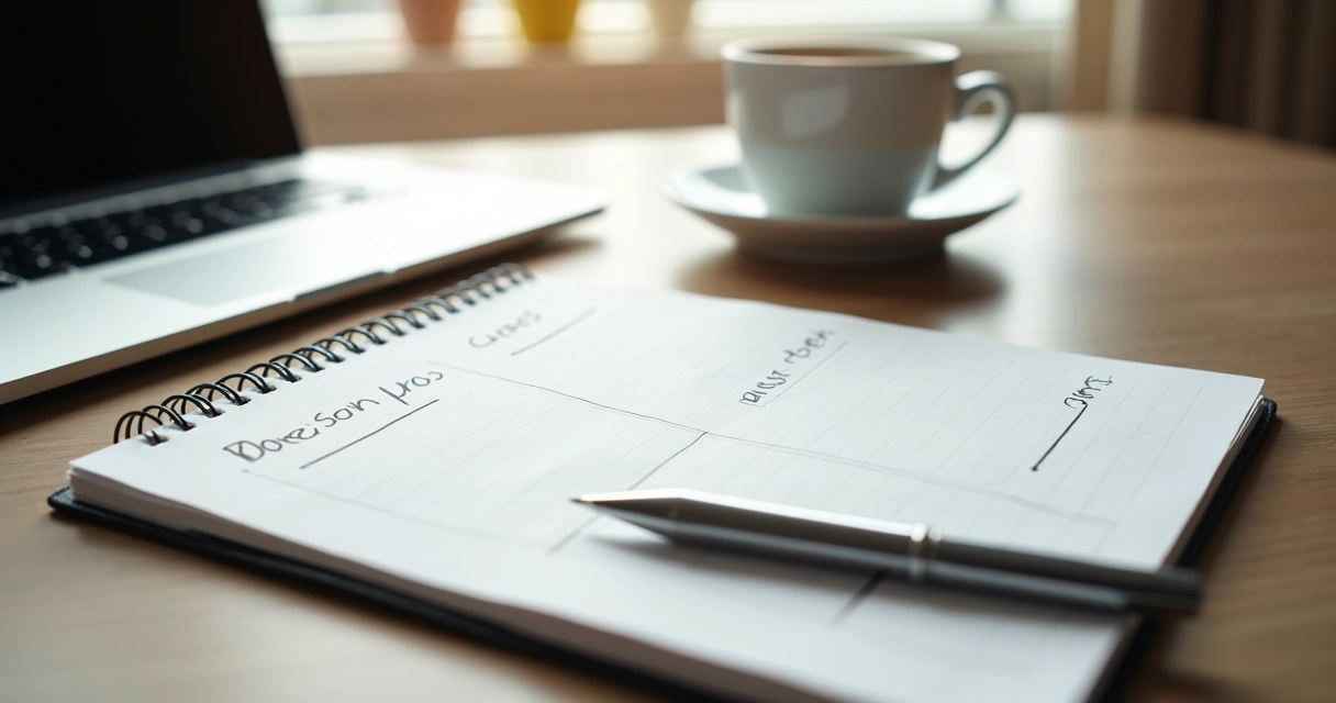 Caderno com prós e contras da carreira sobre mesa de trabalho