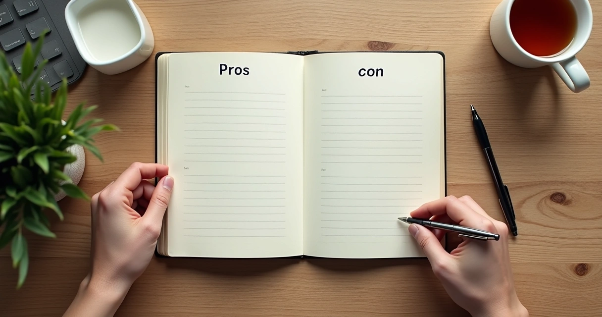 Caderno com prós e contras ao lado de uma xícara e mão apoiada na mesa 