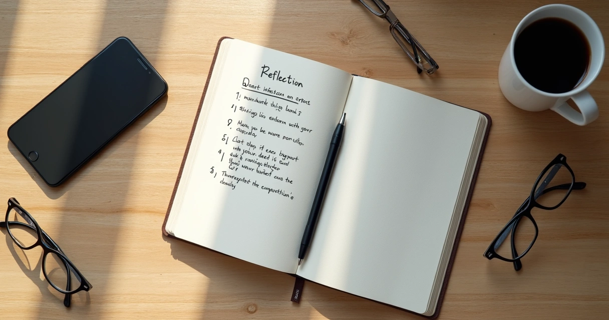 Caderno aberto com perguntas de reflexão sobre uma mesa de trabalho