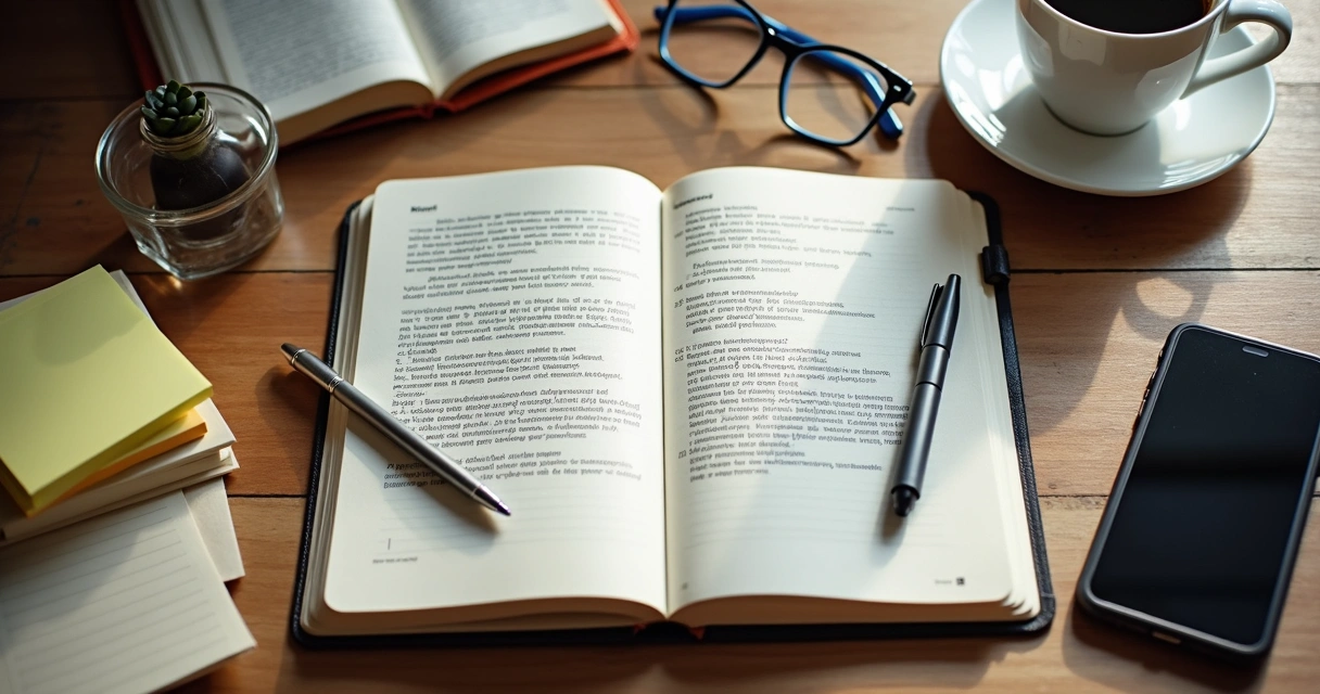 Caderno com perguntas de decisão sobre uma mesa de trabalho 