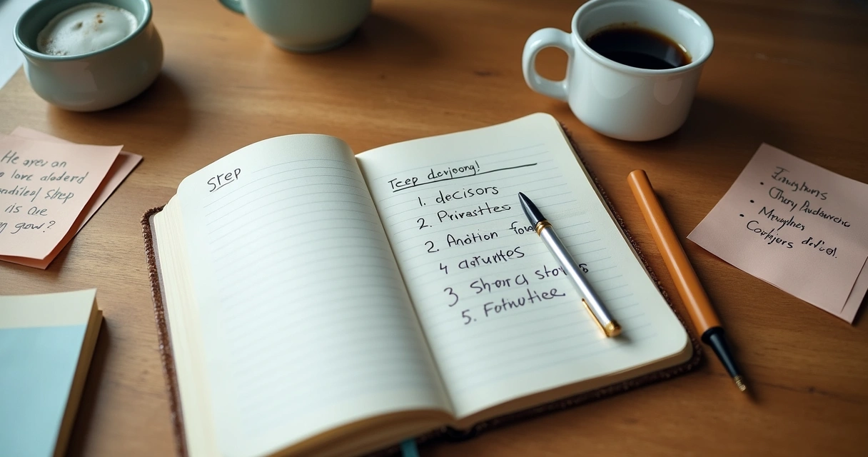 Caderno aberto com plano de mudança e xícara ao lado