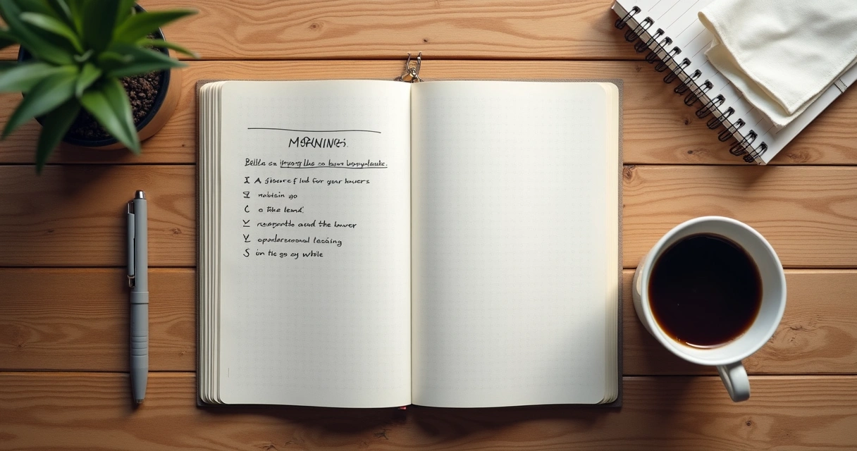 Caderno aberto com lista de decisões ao lado de uma xícara de café 