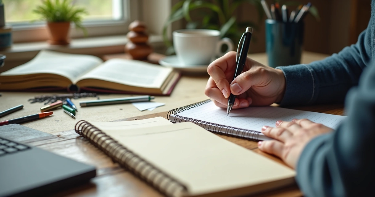 Mesa de trabalho com caderno desfocado e objetos desalinhados 