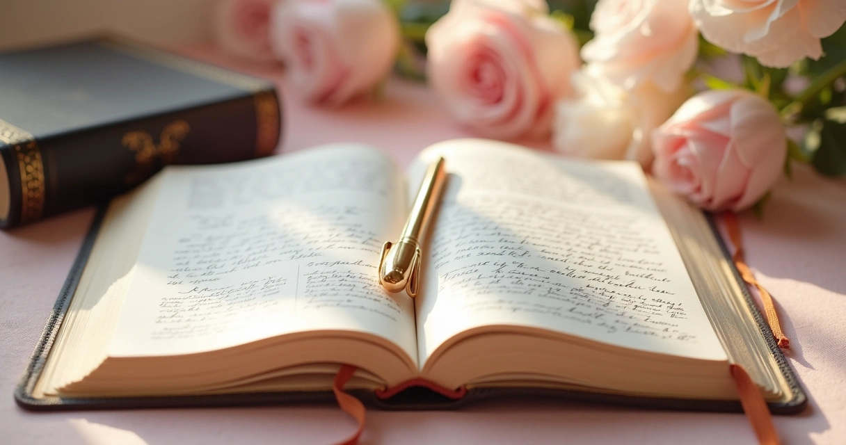 Caderno devocional aberto, com anotações manuscritas e caneta dourada ao lado 