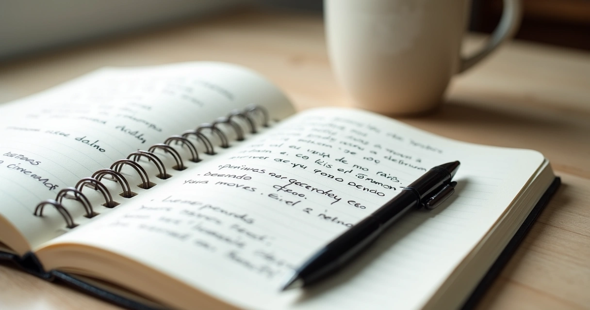 Caderno com anotações sobre diálogo interno e caneta sobre a mesa 