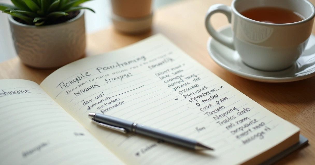 Caderno com anotações de pensamentos e caneca sobre a mesa 