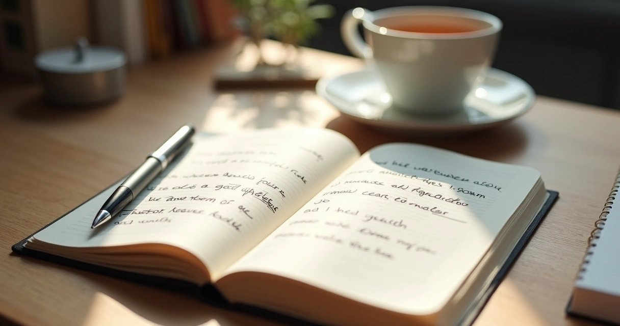 Caderno aberto com frases internas escritas à mão e caneta sobre a mesa 