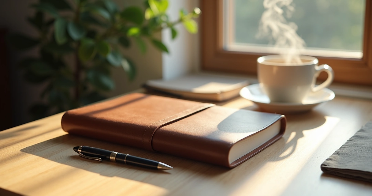 Caderno fechado com caneta ao lado em mesa de madeira 