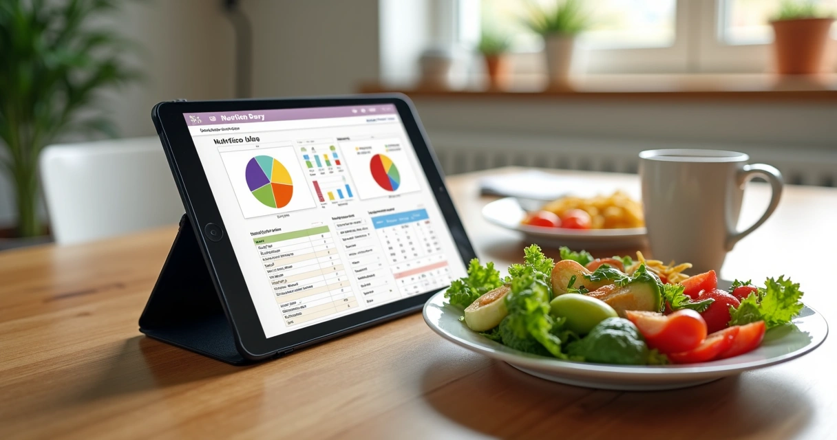 Tablet com aplicativo de diário alimentar aberto ao lado de prato com salada e caneca de chá