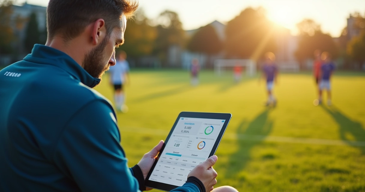 Treinador usando tablet com sistema integrado para acompanhar desempenho dos alunos