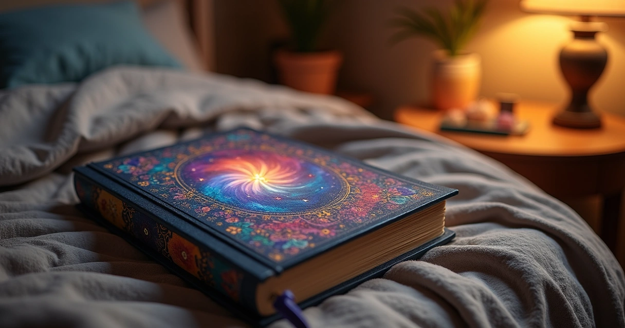 Caderno de sonhos ao lado da cama em ambiente acolhedor 