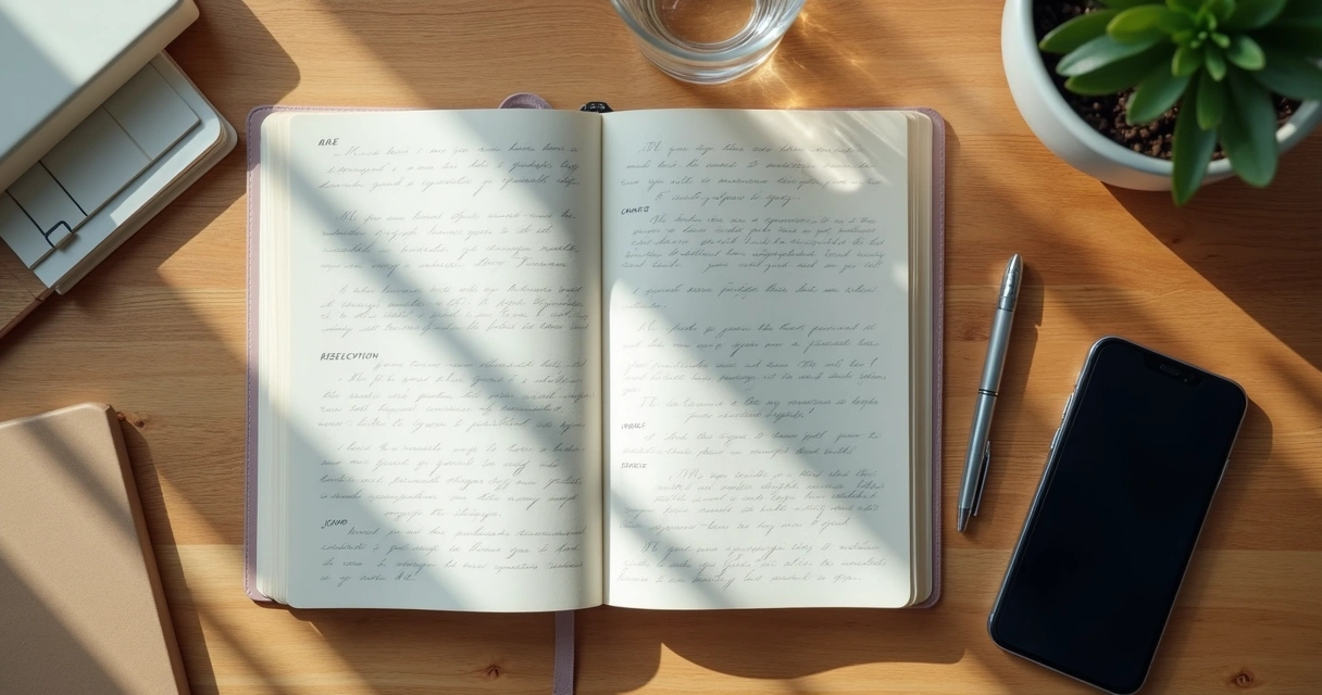 Caderno aberto e celular sobre mesa de madeira com luz natural 
