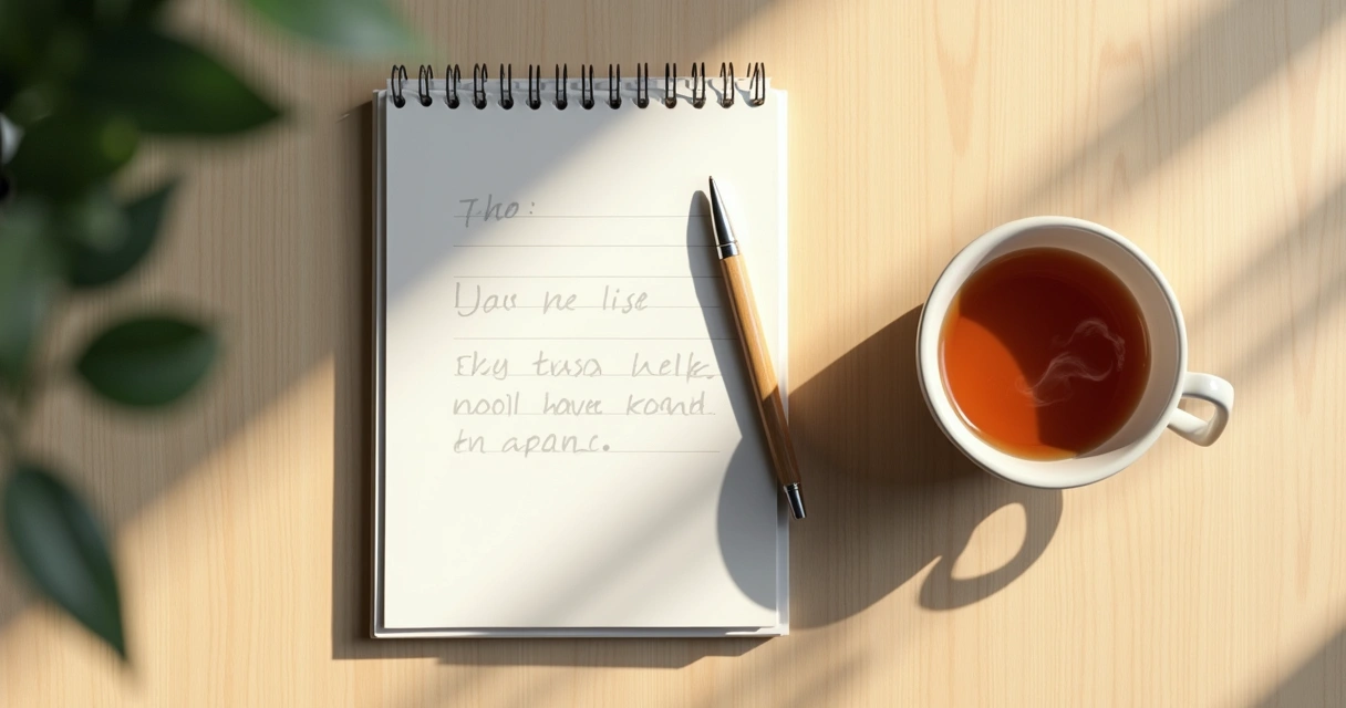 Caderno aberto com chá sobre mesa clara