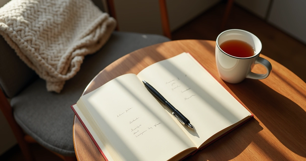Caderno aberto com chá e luz suave sobre mesa de madeira 