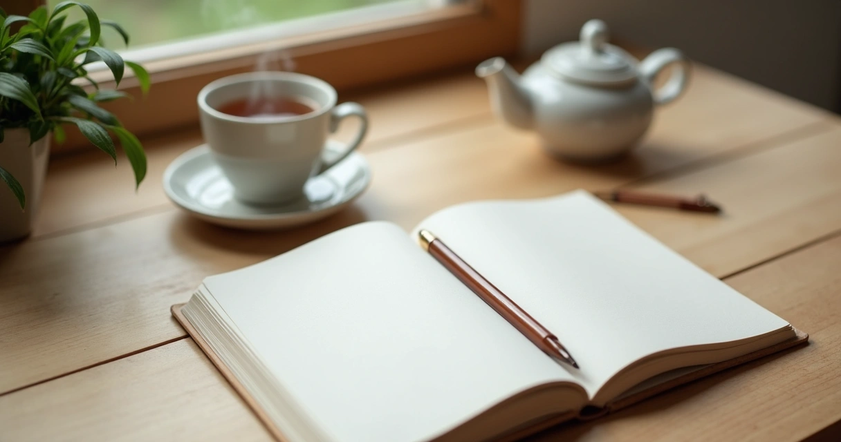 Caderno aberto e xícara de chá sobre mesa clara 
