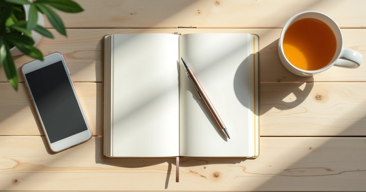 Caderno aberto com chá e celular desligado sobre mesa clara