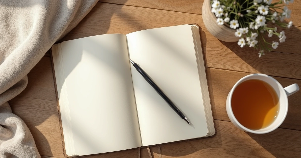 Caderno aberto ao lado de uma xícara de chá 