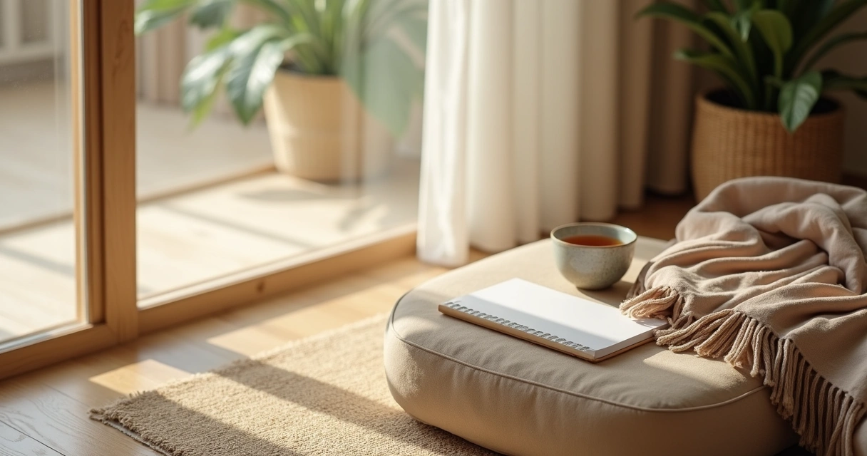 Caderno e xícara em espaço calmo de prática