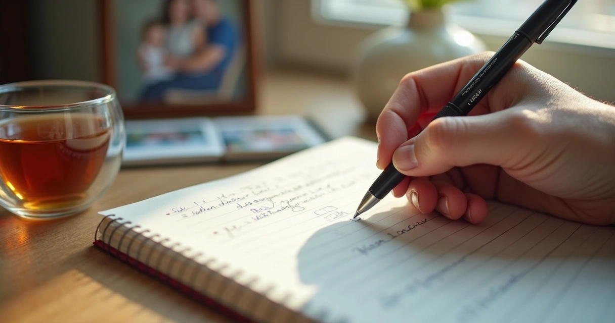 Mãos escrevendo reflexões em um caderno