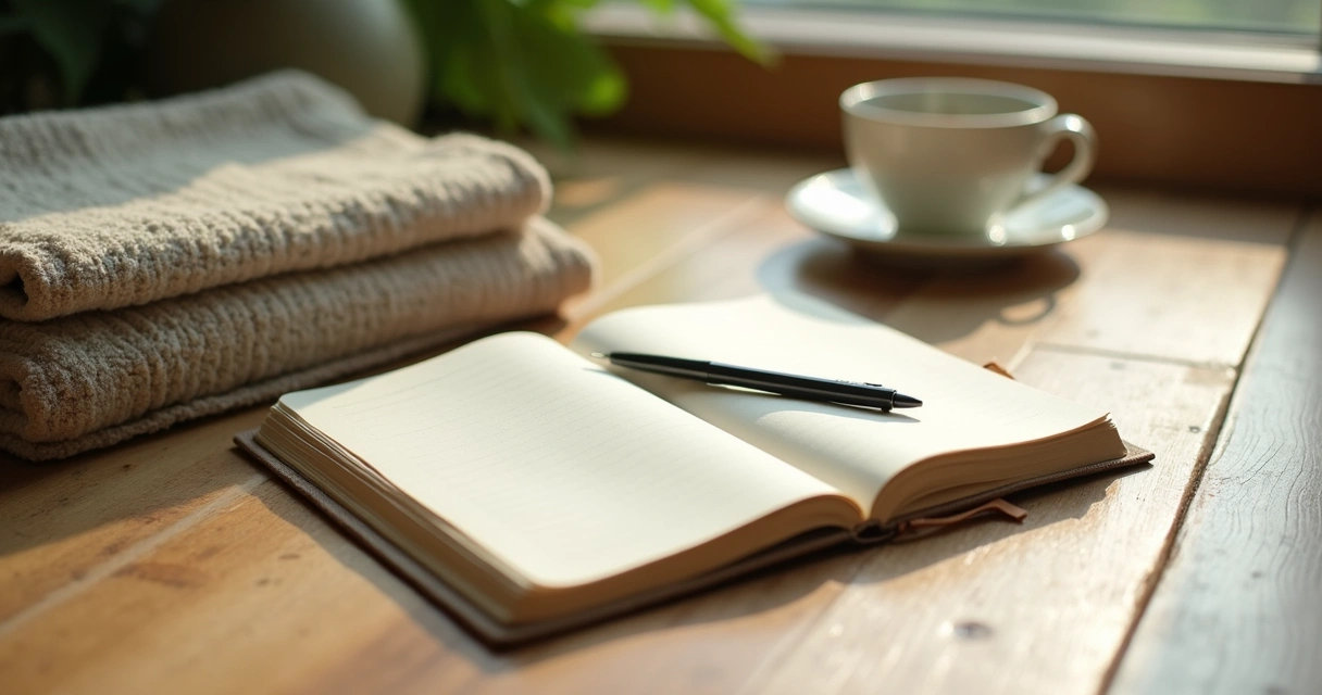 Caderno aberto ao lado de almofada de meditação